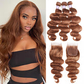 #4 Brown Body Wave Human Hair 3 Bundles With 4x4 Lace Closure